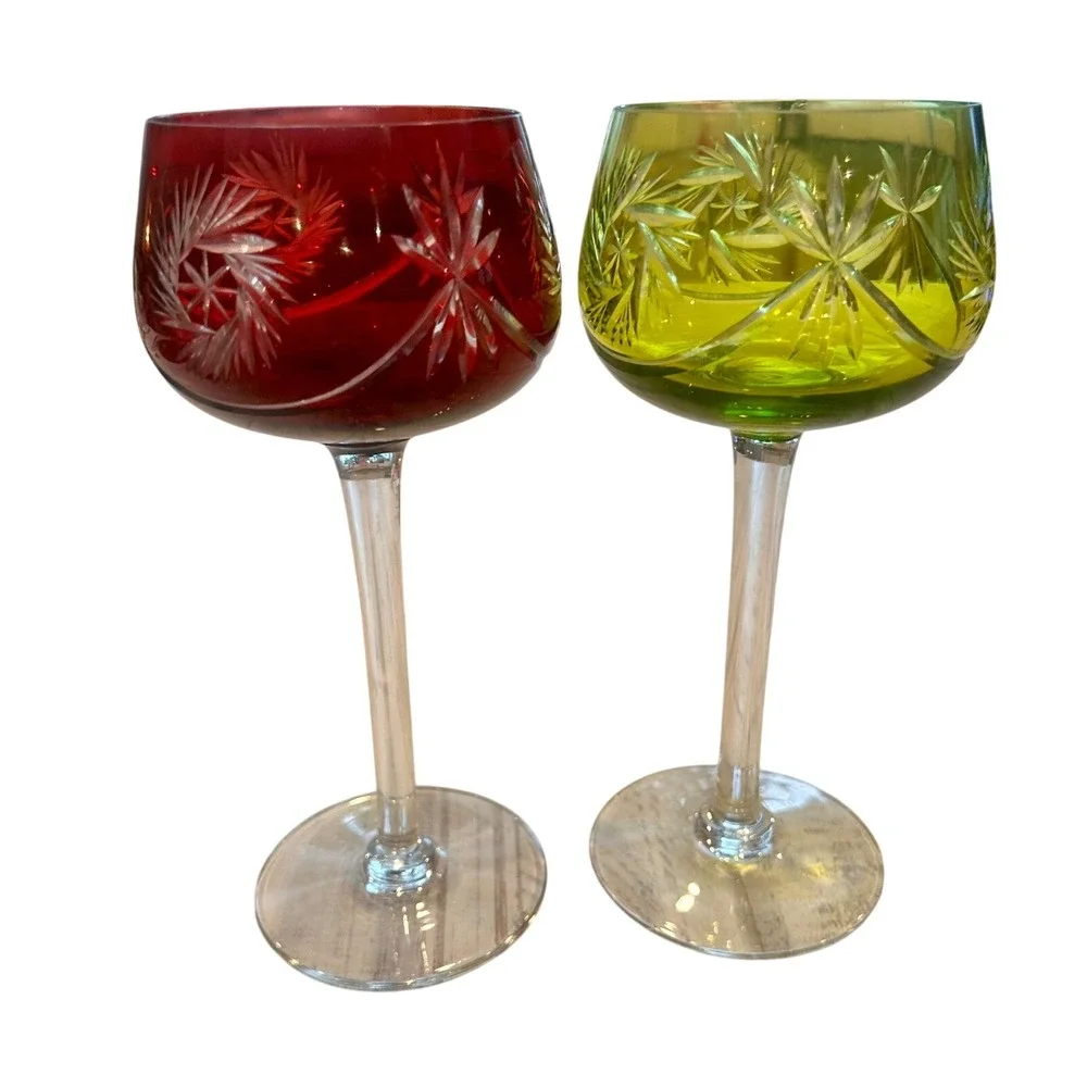 Vintage Bohemian Cut to Clear Crystal Wine Hock‎ Glasses Red Green Set of 2